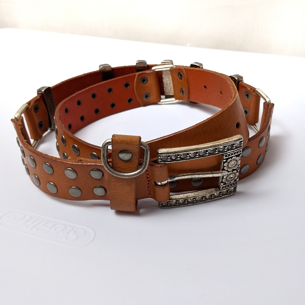 Linea Pelle Flower & Crystal Accent Studded Belt L
